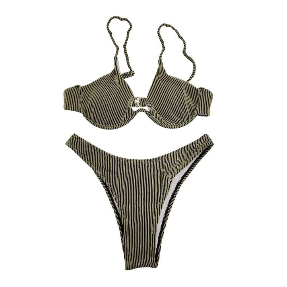 Striped Olive Green Womens Swimsuit Bikini Set Padded Top High-Cut Bottoms SZ M